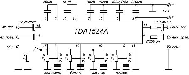 Регулятор громкости, баланса и тембров на TDA1524A