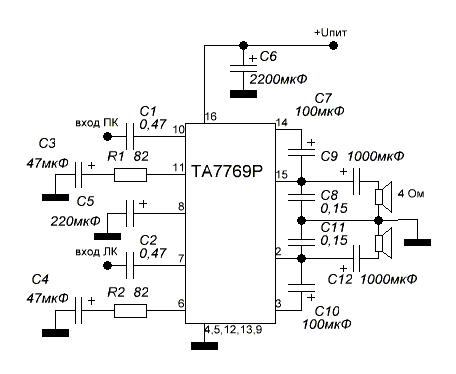 Усилитель мощности на TA7769P (2*1Вт)